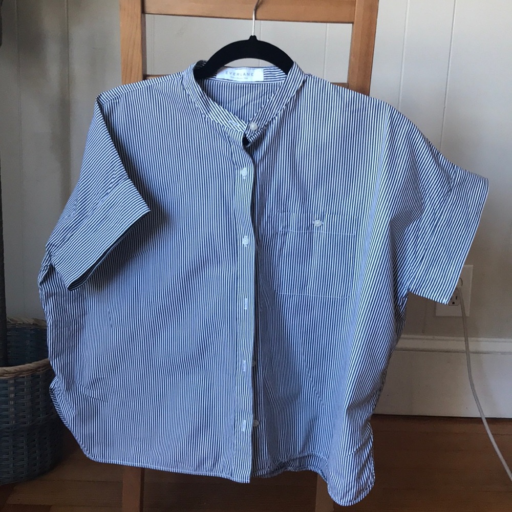 Everlane collarless striped button up